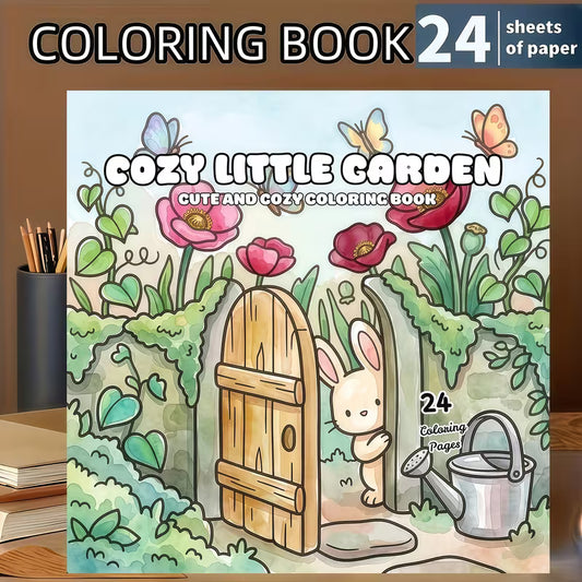 Cozy Little Garden -värityskirjan kansikuva. Kuvassa söpöjä eläinhahmoja rentoutumassa ja puutarhoimassa kukkien ja kasvien keskellä lämpimässä, kotoisassa ilmapiirissä.