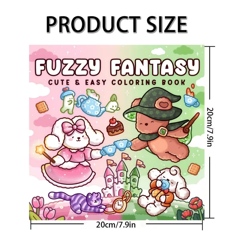 Fuzzy Fantasy -värityskirjan kansikuva. Kuvassa söpöjä ja pörröisiä fantasia-aiheisia eläinhahmoja rentoutumassa ja puuhailemassa taianomaisessa sekä kotoisassa ympäristössä.