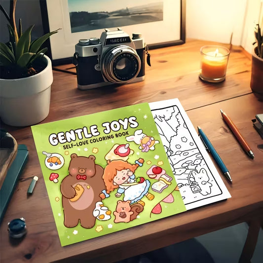 Gentle Joys -värityskirjan kansikuva. Kuvassa söpöjä hahmoja rentoutumassa ja oleskelemassa kotoisassa, lämpimässä ja harmonisessa ilmapiirissä kukkien ja pehmeiden asioiden keskellä.