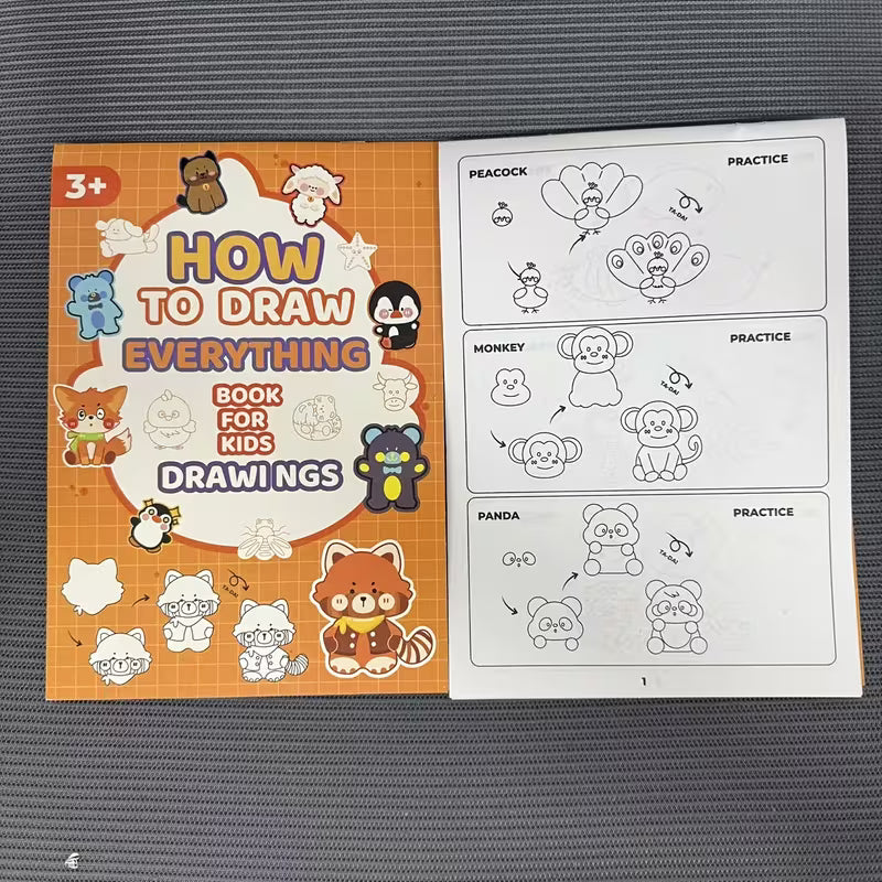 Tuotekuva How to Draw Animals -piirustuskirjan aukeamasta, jossa näytetään vaiheittaiset piirustusohjeet keltaisen leijonan, hirven ja hain piirtämiseen.