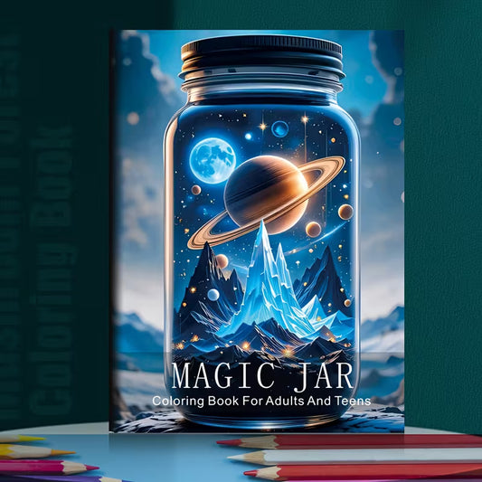 Tuotekuva Magic Jar -värityskirjan kannesta, jossa on lumoava lasipurkki täynnä avaruutta, planeettoja ja jäävuoria.