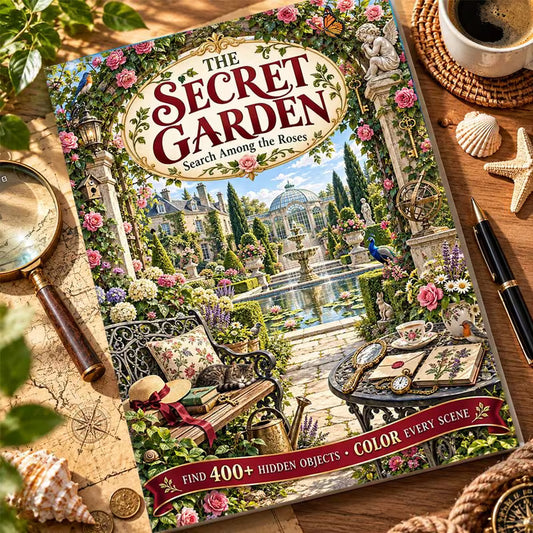 Tuotekuva The Secret Garden -kirjan kannesta, jossa on romanttinen ruusupuutarha, kissa penkillä, teekattaukset ja teksti yli 400 piilotetun esineen etsimisestä.