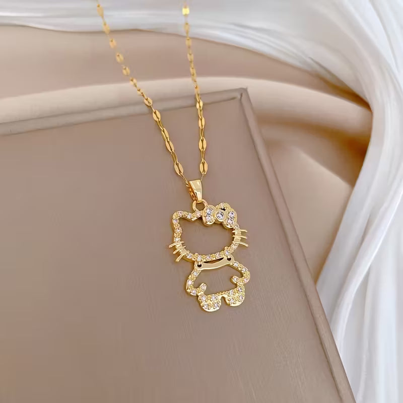 1kpl Hello Kitty -riipuskaulakoru - elegantti titaaniteräksinen lukkoketju kimaltelevilla kuutiollisilla zirkoniakruunuilla