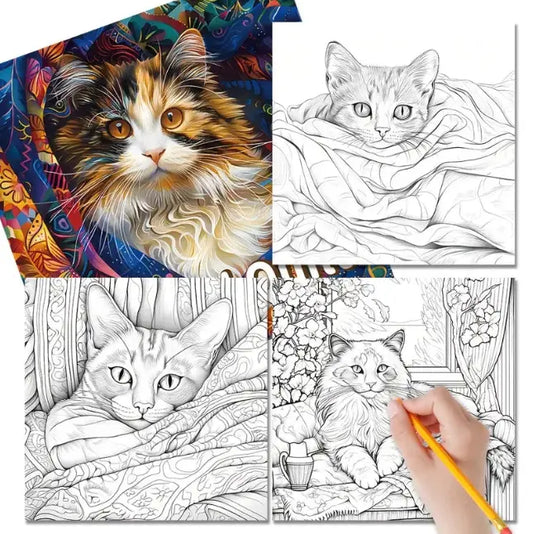 Cat and Quills -värityskirjan kansi, jossa kissa istuu kirjapinon päällä sulkakynä vieressään