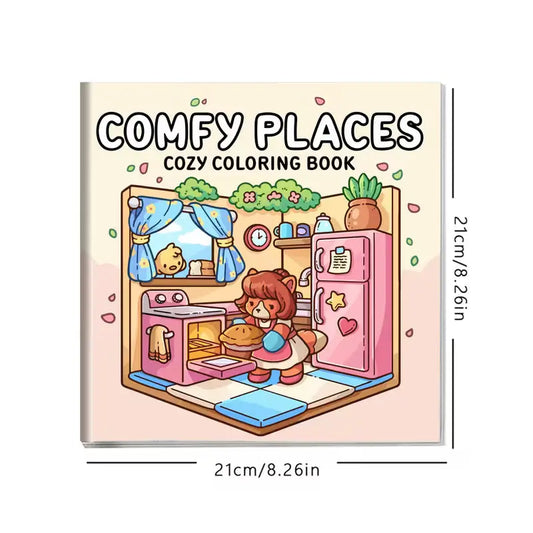 Avattu Comfy Places -värityskirja, jonka sivulla on kotoisa makuuhuone-aiheinen piirros. Sivun vieressä on muutama puuvärikynä ja lämmin teekuppi luomassa tunnelmaa.