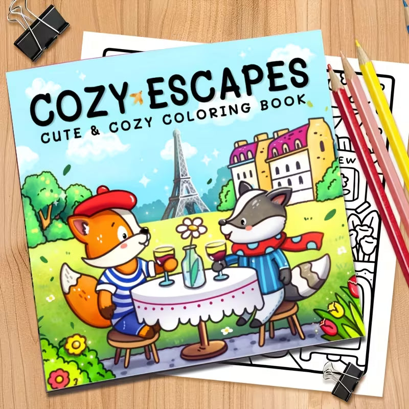 Cozy Escapes -värityskirjan kansi, jossa on kutsuva nojatuoli, kirjapino ja ikkunasta näkyvä rauhoittava maisema
