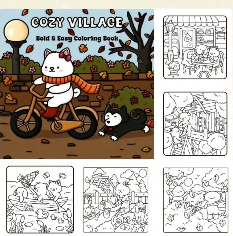 Cozy Village -värityskirjan kansi, jossa on piirrettyjä pikkutaloja, puita ja kodikas kylämaisema
