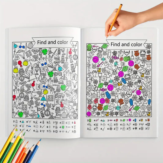 Käsi osoittaa kynällä "Find and color" -tehtävää värityskirjassa, jossa on satoja pieniä esineitä ja alareunassa laskutehtäviä.