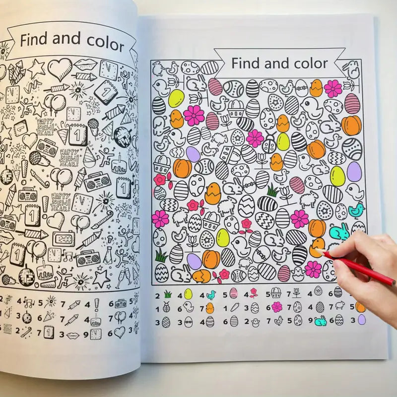 Käsi osoittaa kynällä "Find and color" -tehtävää värityskirjassa, jossa on satoja pieniä esineitä ja alareunassa laskutehtäviä.