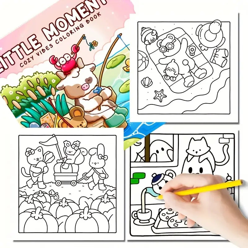Lähikuva avatusta Little Moments -värityskirjasta, jossa on kotoisa piirros teekupista ja kukkasista. Sivun vieressä on laadukkaita puuvärejä ja kynttilä luomassa tunnelmaa.