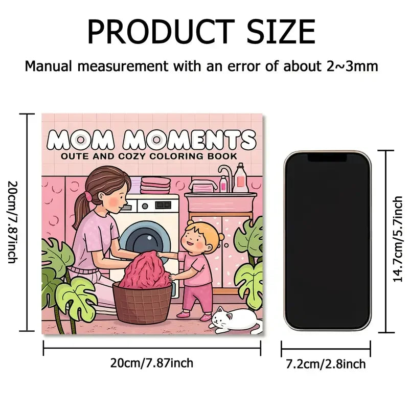 Mom Moments -värityskirjan kansi, jossa on tyylikkäitä kukkakuvioita ja kotoisia äitiysteeman kuvituksia.