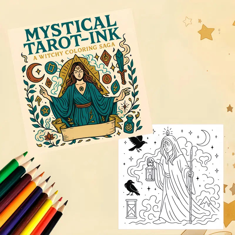 Mysterious Tarot Ink -värityskirjan kansi, jossa on mustalla musteella piirrettyjä tarot-symboliikkaa, tähtiä ja mystisiä hahmoja.