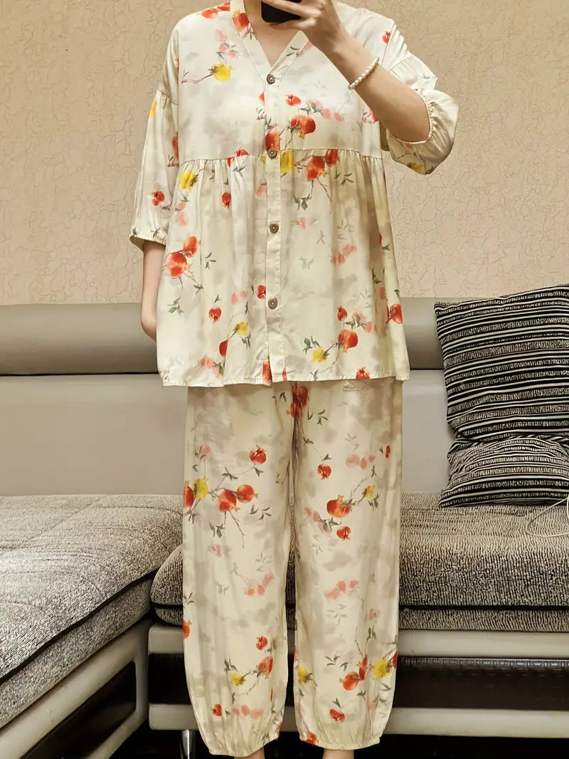 100 % puuvillaa Kuuma uusi kukkakuvioinen naisten yöpaitasetti