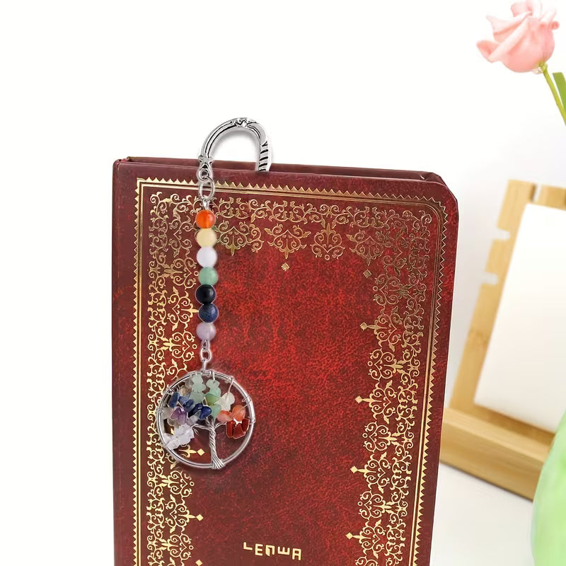 Käsintehdyt kirjanmerkit luonnonkivikristallilla, elämänpuu, aurinko ja tähdet