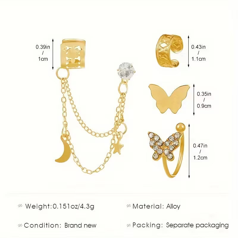 4 kpl vintage-tyylisiä lävistämättömiä korvakoruja, sinkkiseosta, jossa strassi-perhos- ja tähti-kuuketjudesign