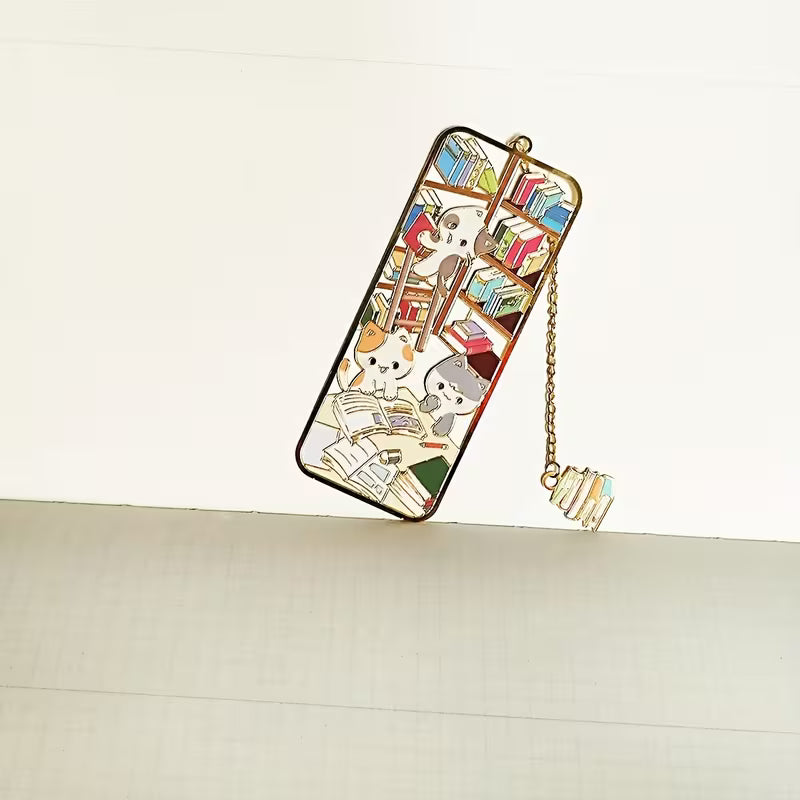 Söpöt metalliset kirjastokirjanmerkit - kestävää rautaa, eloisa kirja-aiheinen muotoilu kirjahyllyillä ja kirjoilla