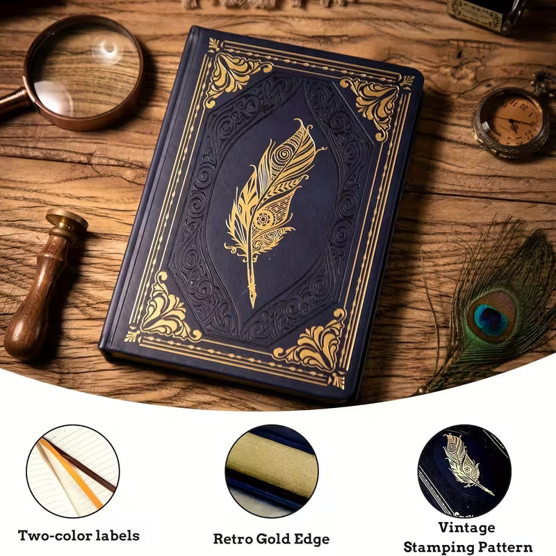 Syvänsininen vintage-tekonahkainen päiväkirja kullatuilla reunoilla, 320 sivua