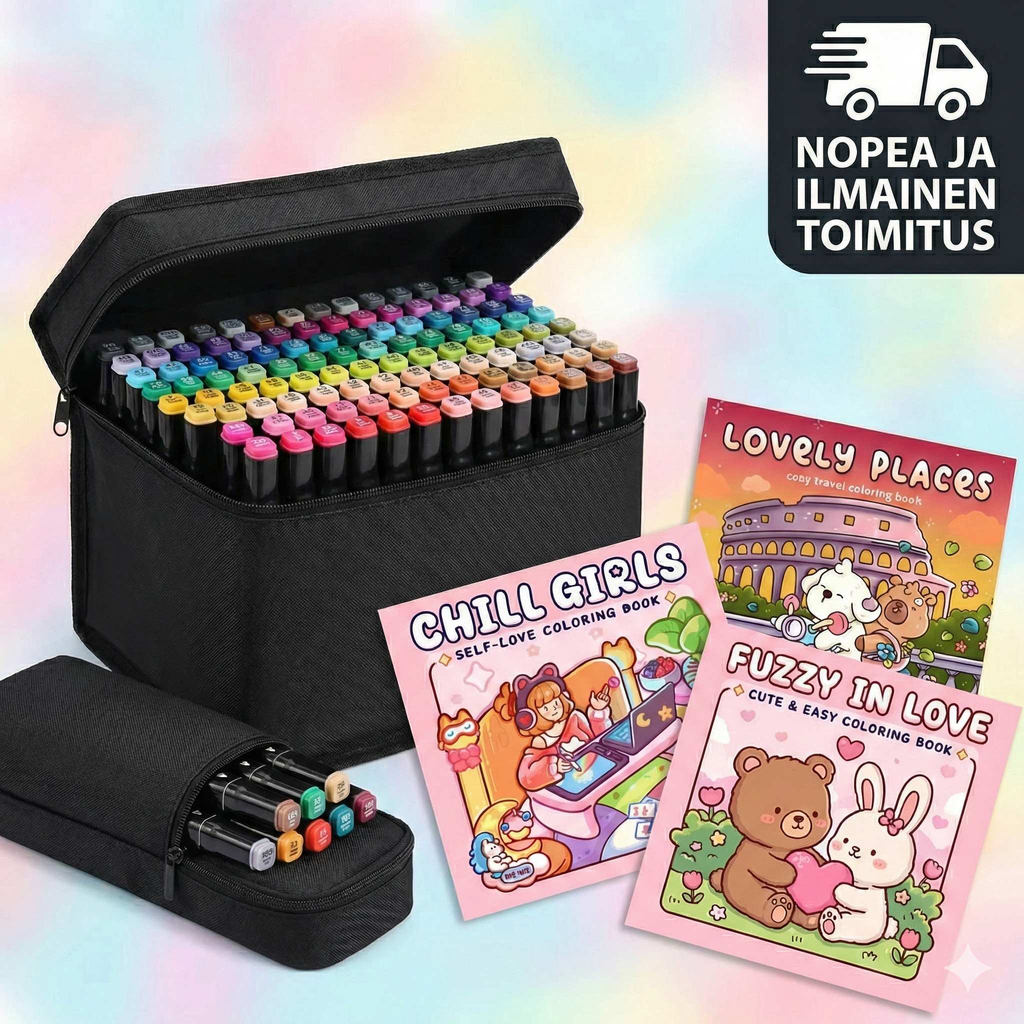 Kaikki yhdessä -värityspakkaus – Värityskirja + 80 kirkasta tussia