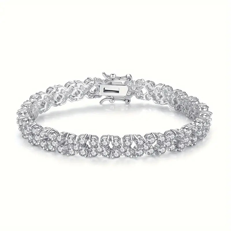 19cm Luxury Rhodium-Plated Copper Bracelet with Synthetic Cubic Zirconia