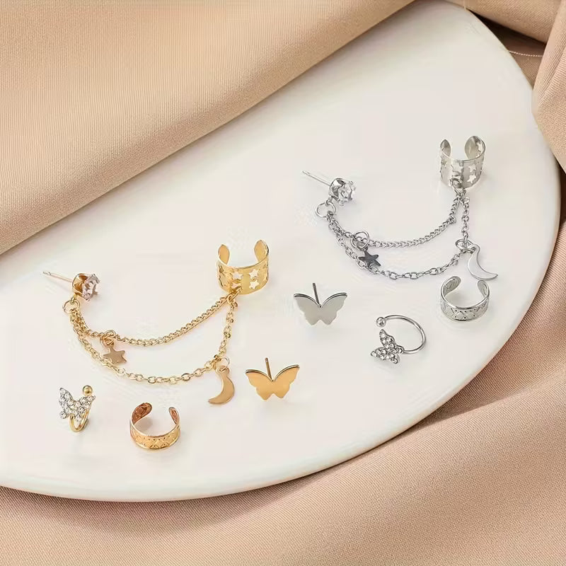 4 kpl vintage-tyylisiä lävistämättömiä korvakoruja, sinkkiseosta, jossa strassi-perhos- ja tähti-kuuketjudesign
