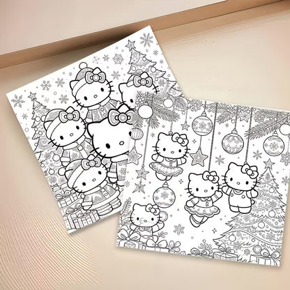 Hello Kitty Christmas Joy -värityskirjan kansikuva. Kuvassa söpö Hello Kitty jouluisessa asussa ja joulutunnelmissa, ympärillään kotoisia joulukoristeita ja lämmin joulutunnelma.