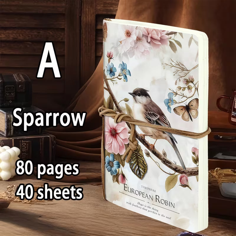 A5 eurooppalainen kukka- ja eläinaiheinen muistikirja - 80-sivuinen tyhjä päiväkirja nauhakirjanmerkillä, vintage-kasvitieteellinen lintu- ja perhosaiheinen luonnoskirja