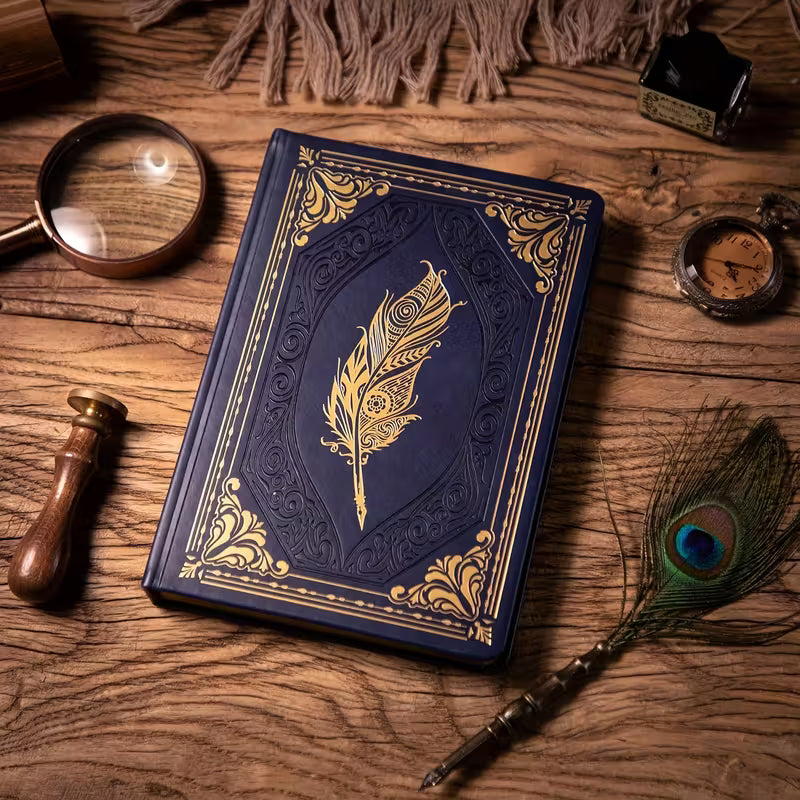 Syvänsininen vintage-tekonahkainen päiväkirja kullatuilla reunoilla, 320 sivua