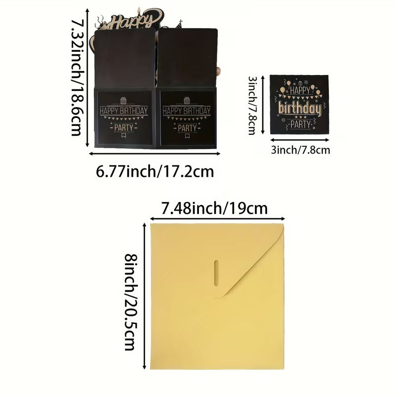 Musta ja kultainen pop-up 3D-syntymäpäiväkortti