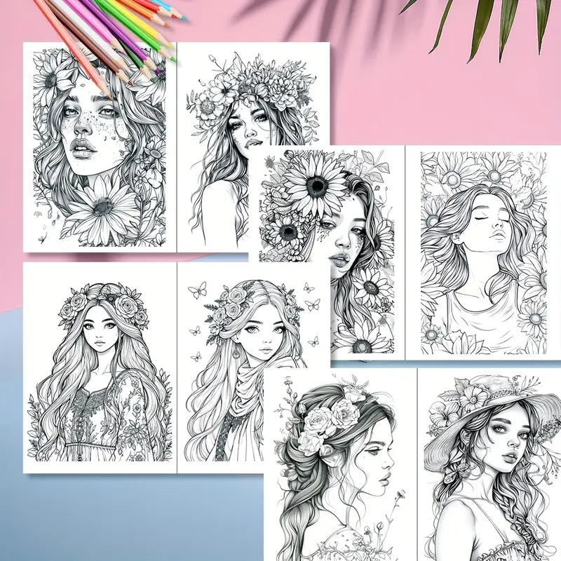 Artistic flower and girl coloring book värityskirja