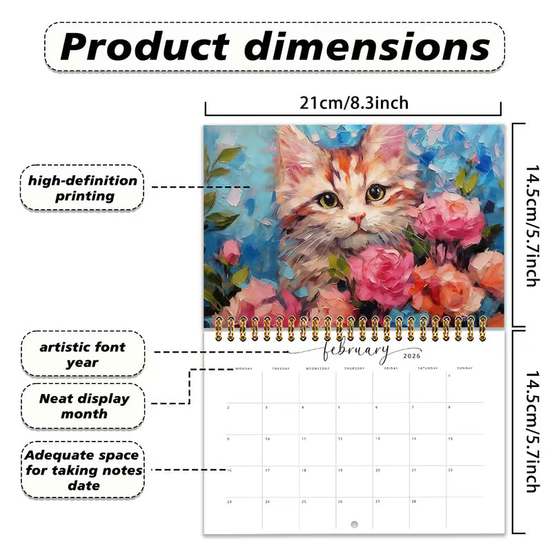 Kissateemainen 1-osainen kuukausikalenteri 2026 A5