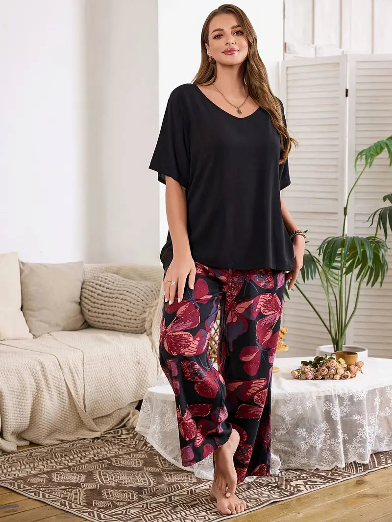 100 % puuvillaa Elegantti kukkakuvioinen pyjama-setti