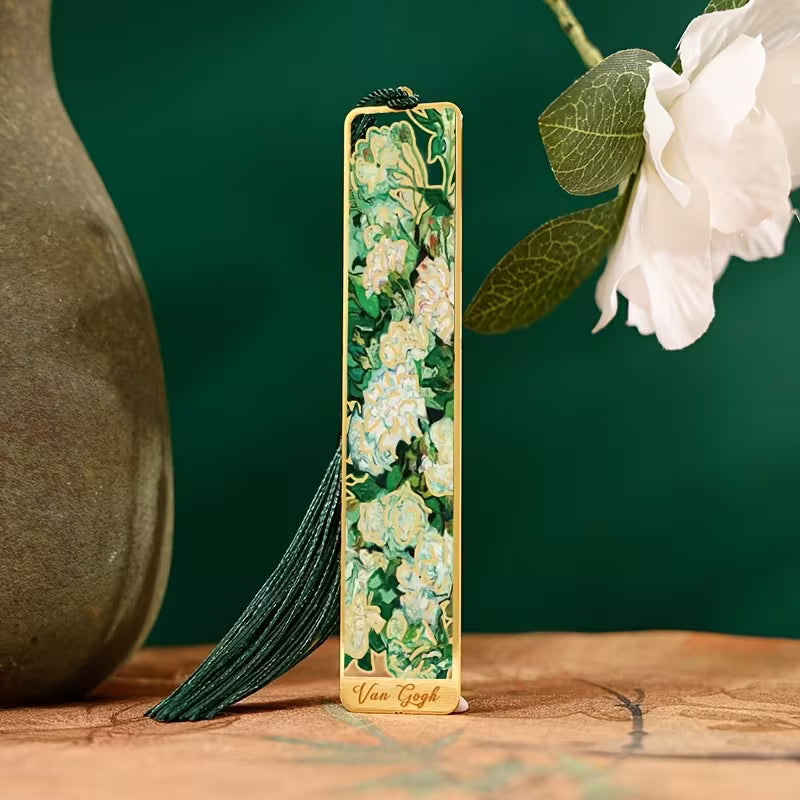 Vintage-tyyliset metalliset kukkakirjanmerkit ontoilla kuvioilla ja pitkillä tupsuilla