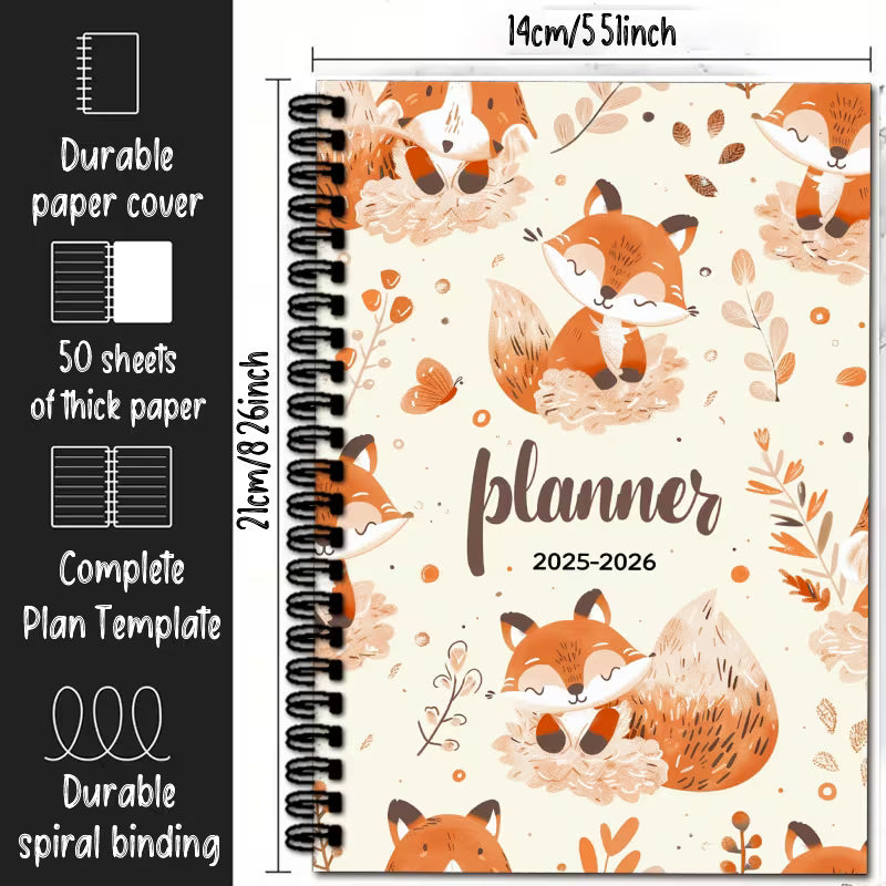 Kalenteri vuodelle 2025–2026 söpöillä ketuilla ja kukka-asetelmilla