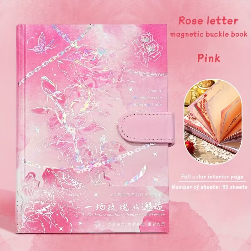 160-sivuinen vintage-kukkainen ruusukirjamuistikirja - 3D-kukkakangas kultaisilla yksityiskohdilla, korkealaatuinen kiiltävä paperi, magneettinen suljin