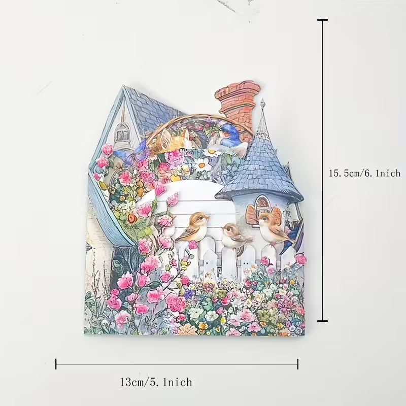 3-kertainen kevätpuutarha-pop-up-onnittelukortti kissoilla