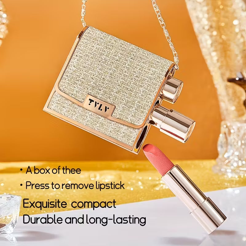 Samettinen huulipunasetti kultaisella ketjupussilla - matta, vedenpitävä, tarttumaton, pitkäkestoinen punaisena ja pinkkinä, sisältää 3 värivaihtoehtoa täydelliseen peittävyyteen, meikki herkälle iholle