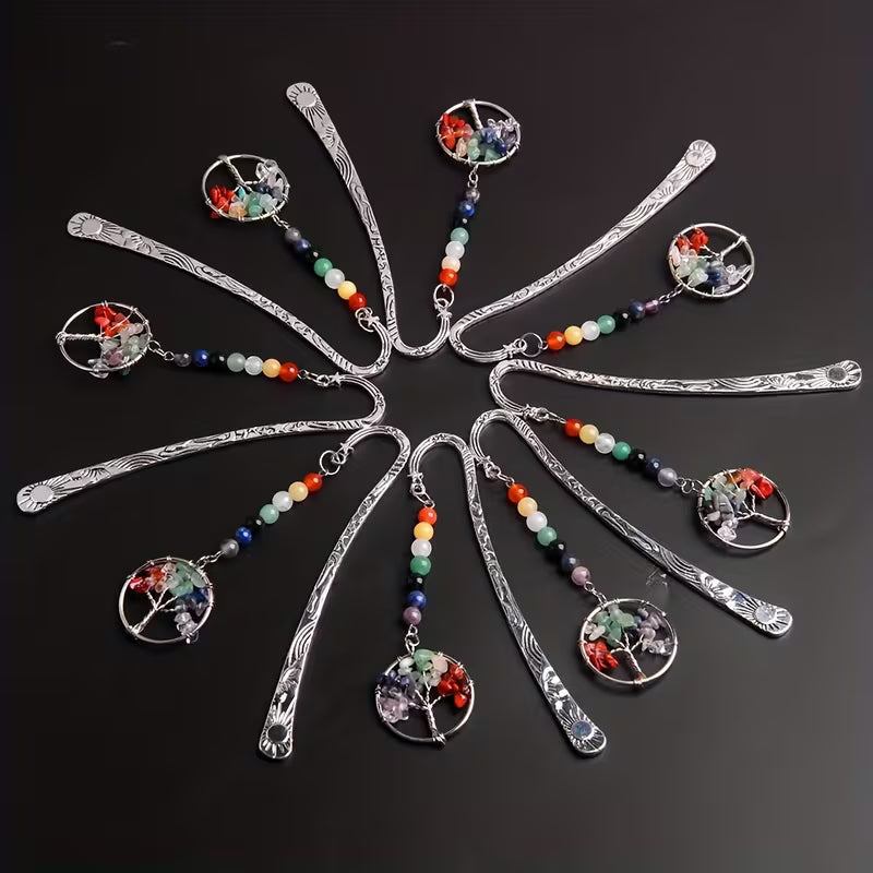 Käsintehdyt kirjanmerkit luonnonkivikristallilla, elämänpuu, aurinko ja tähdet