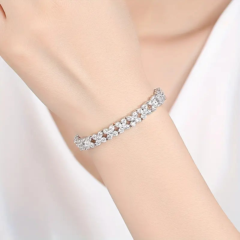19cm Luxury Rhodium-Plated Copper Bracelet with Synthetic Cubic Zirconia