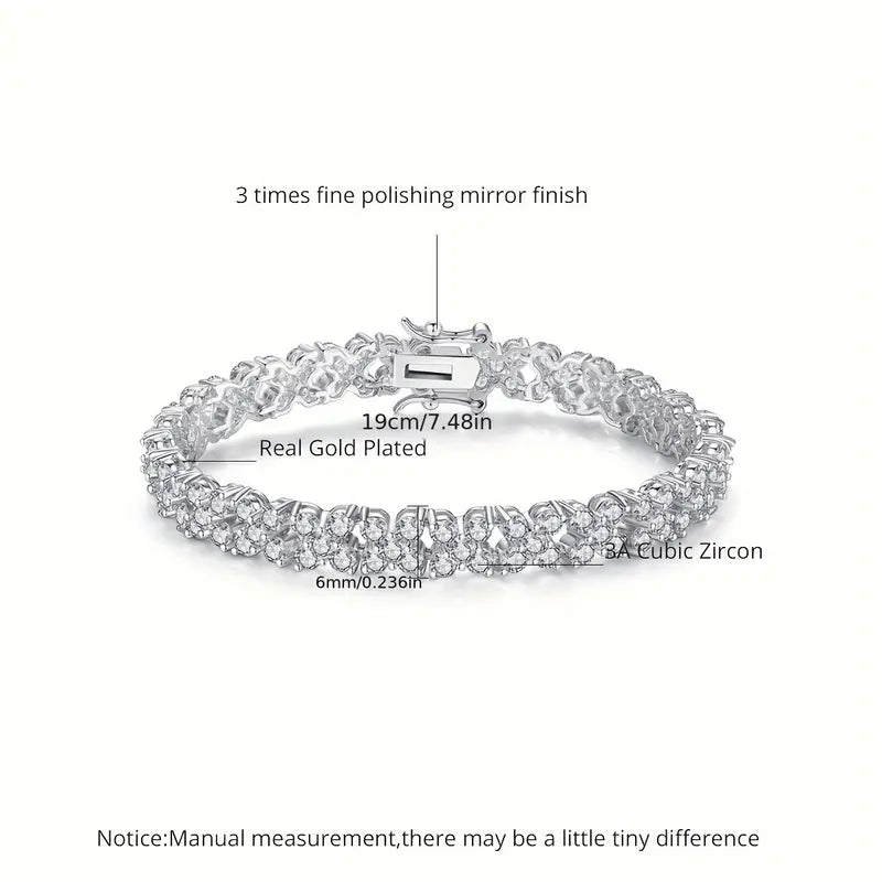 19cm Luxury Rhodium-Plated Copper Bracelet with Synthetic Cubic Zirconia
