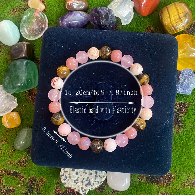 Luonnollinen tiikerinsilmäkivinen joustava rannekoru vaaleanpunaisilla helmillä ahdistukseen