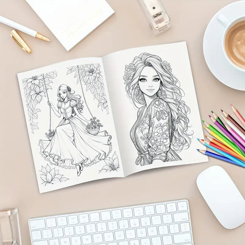 Artistic flower and girl coloring book värityskirja