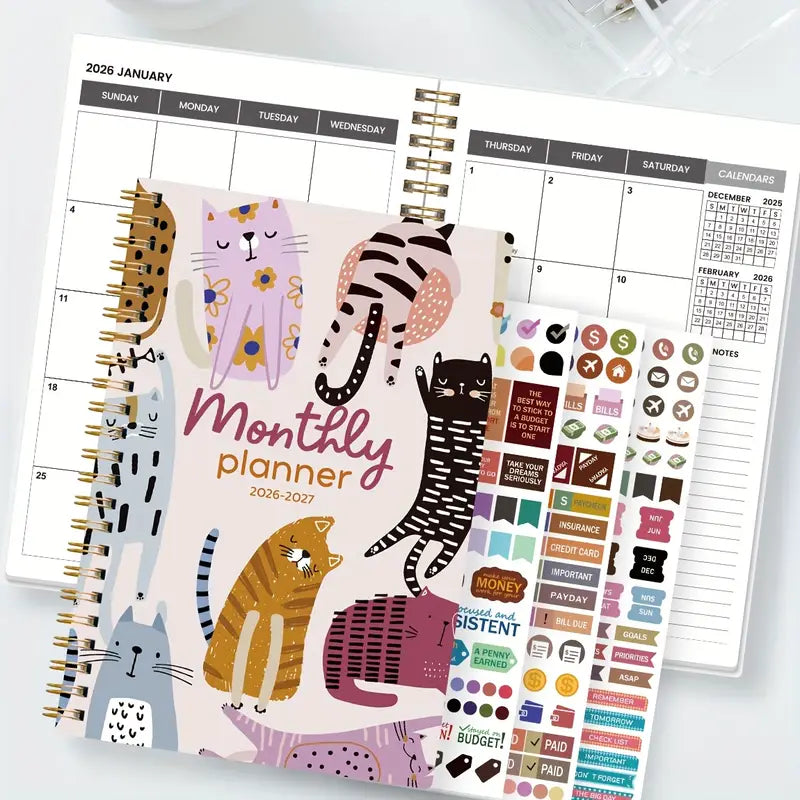 1 kpl söpö käsin piirretty kissa -kuukausikalenteri 2026-2027