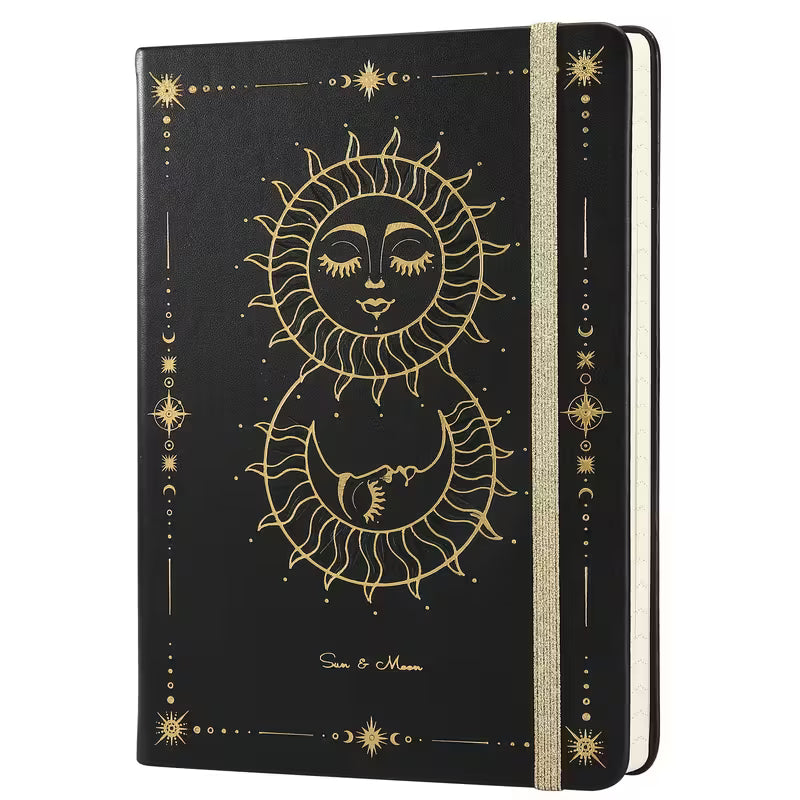 200-sivuinen A5 kovakantinen muistikirja - 80 GSM paksua paperia, viivoitettuja sivuja, aurinko- ja kuuaihe