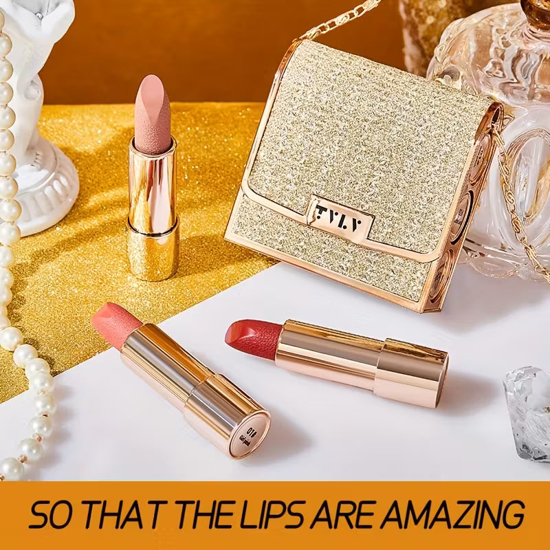 Samettinen huulipunasetti kultaisella ketjupussilla - matta, vedenpitävä, tarttumaton, pitkäkestoinen punaisena ja pinkkinä, sisältää 3 värivaihtoehtoa täydelliseen peittävyyteen, meikki herkälle iholle