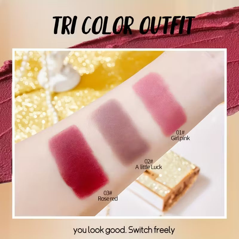 Samettinen huulipunasetti kultaisella ketjupussilla - matta, vedenpitävä, tarttumaton, pitkäkestoinen punaisena ja pinkkinä, sisältää 3 värivaihtoehtoa täydelliseen peittävyyteen, meikki herkälle iholle