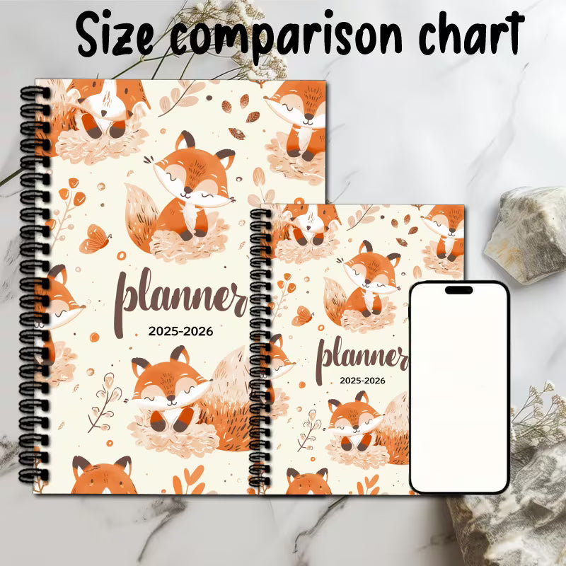 Kalenteri vuodelle 2025–2026 söpöillä ketuilla ja kukka-asetelmilla