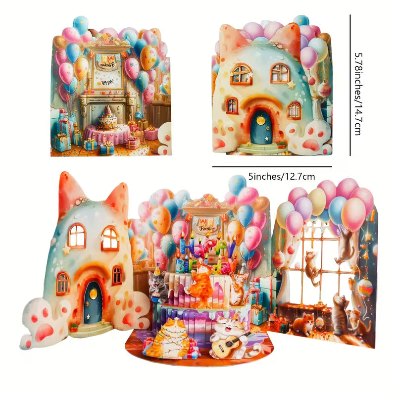 3-kertainen kevätpuutarha-pop-up-onnittelukortti kissoilla