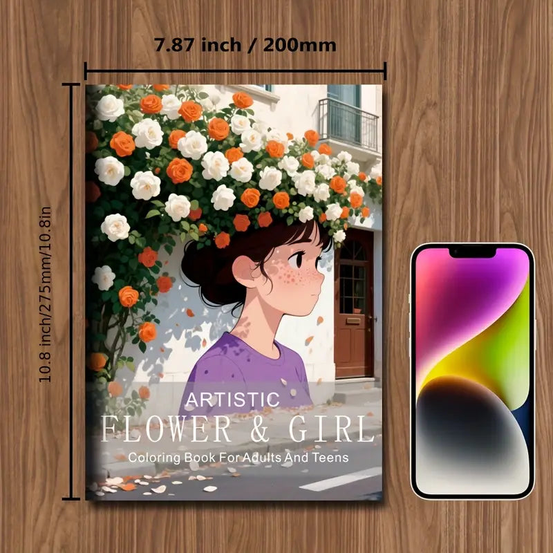 Artistic flower and girl coloring book värityskirja