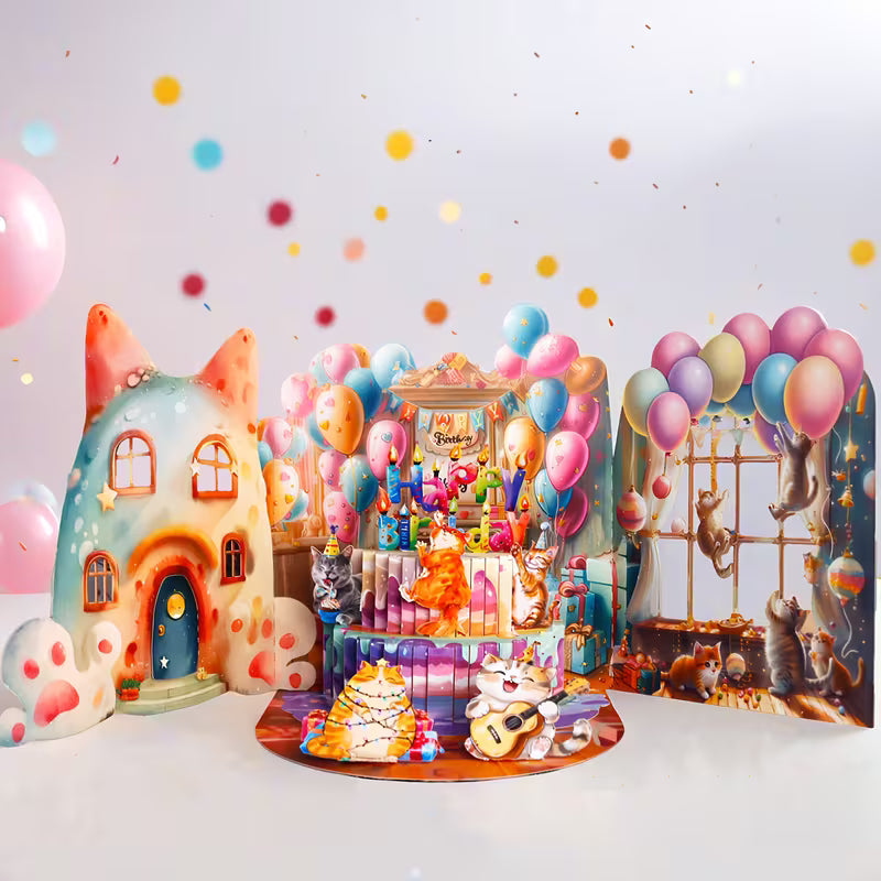 3-kertainen kevätpuutarha-pop-up-onnittelukortti kissoilla