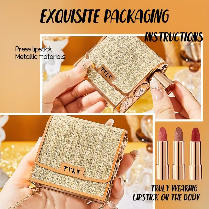 Samettinen huulipunasetti kultaisella ketjupussilla - matta, vedenpitävä, tarttumaton, pitkäkestoinen punaisena ja pinkkinä, sisältää 3 värivaihtoehtoa täydelliseen peittävyyteen, meikki herkälle iholle